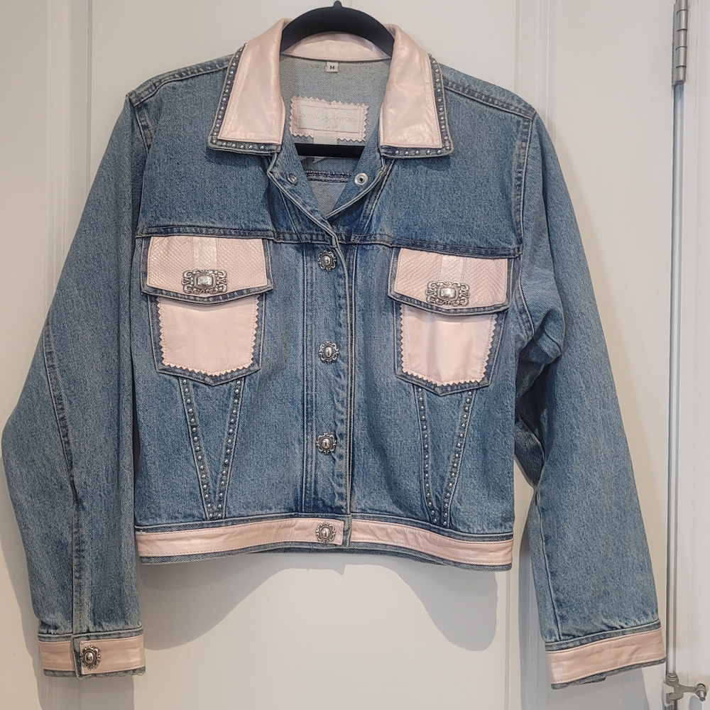 St. Maarten Dallas Pink  Leather & Jean Studded Jacket Western Rodeo Cowgirl M